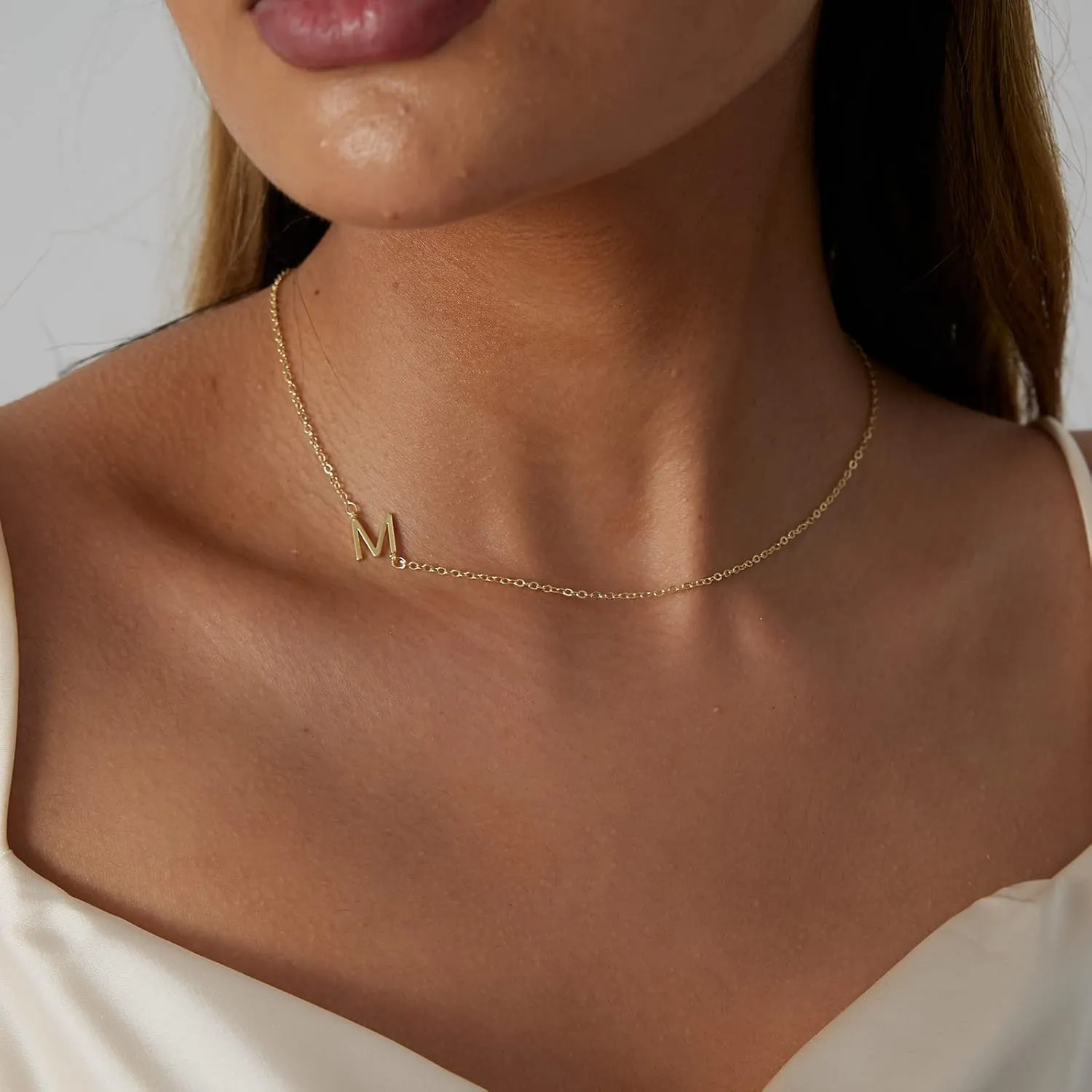 VIROMY Dainty Sideways Initial Name Necklace for Women 14K Gold Plated Minimalist Letter Necklace Personalized Name Choker Necklaces Simple Everyday Jewelry