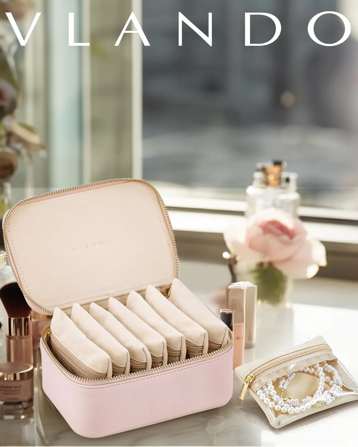 Vlando Graduation Gifts, Jewelry Box with 8 Velvet Jewelry Bags Travel Jewelry Case for Women Girls Jewelry Organizer Necklace Rings Earrings Bags Gift Ideas for Teacher Birthday Bride (Pink)
