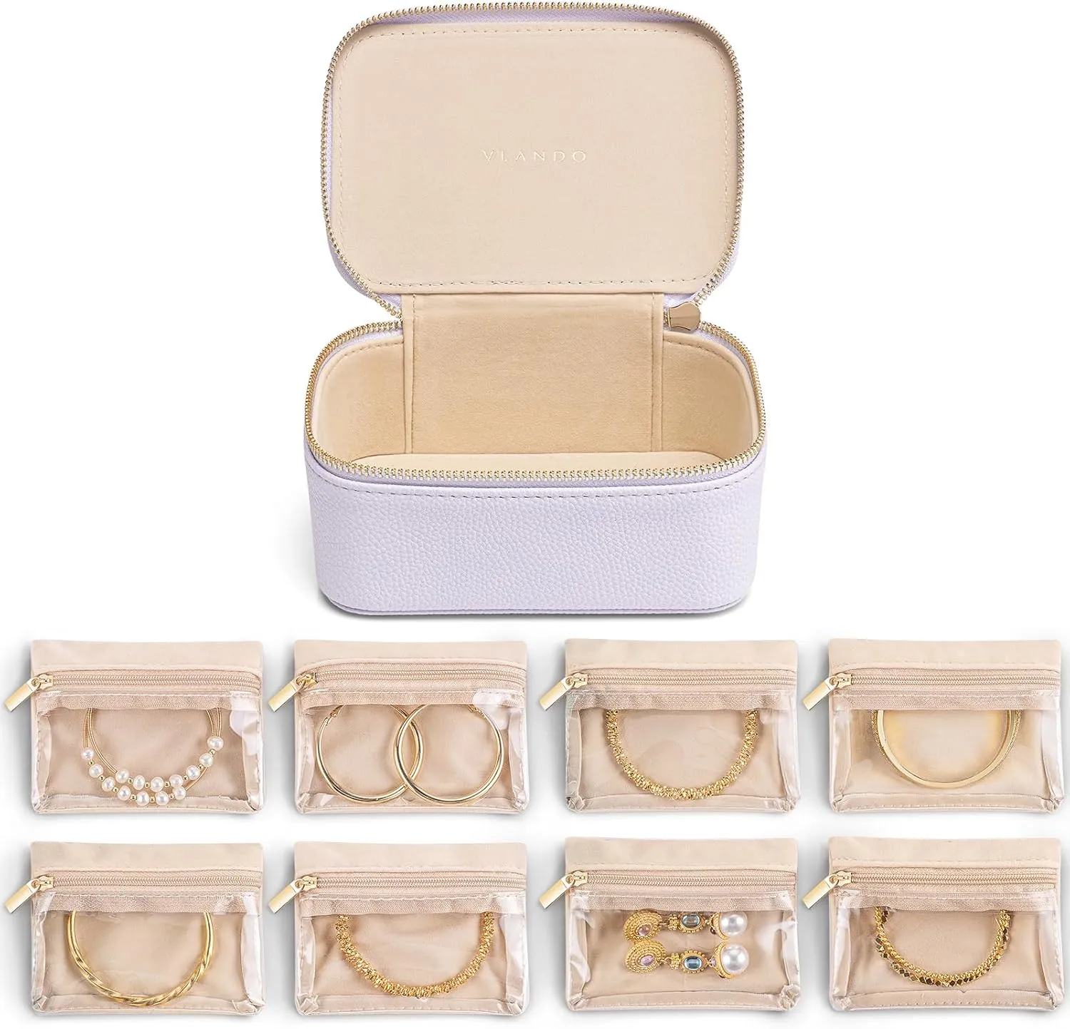Vlando Travel Jewelry Case with 8 Velvet Jewelry Bags Travel Jewelry Storage Box Jewelry Organizer for Necklace Rings Earrings Teen Girls Gifts Trendy Stuff -Purple