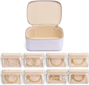 Vlando Travel Jewelry Case with 8 Velvet Jewelry Bags Travel Jewelry Storage Box Jewelry Organizer for Necklace Rings Earrings Teen Girls Gifts Trendy Stuff -Purple