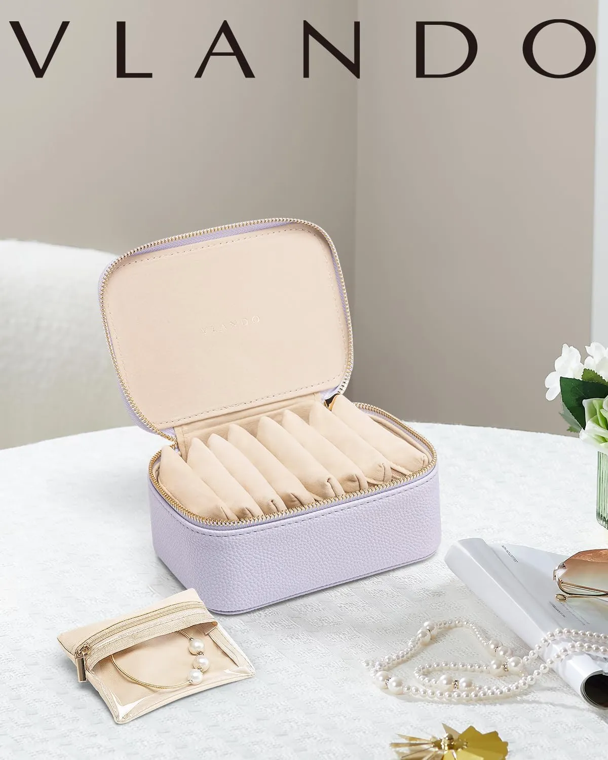 Vlando Travel Jewelry Case with 8 Velvet Jewelry Bags Travel Jewelry Storage Box Jewelry Organizer for Necklace Rings Earrings Teen Girls Gifts Trendy Stuff -Purple