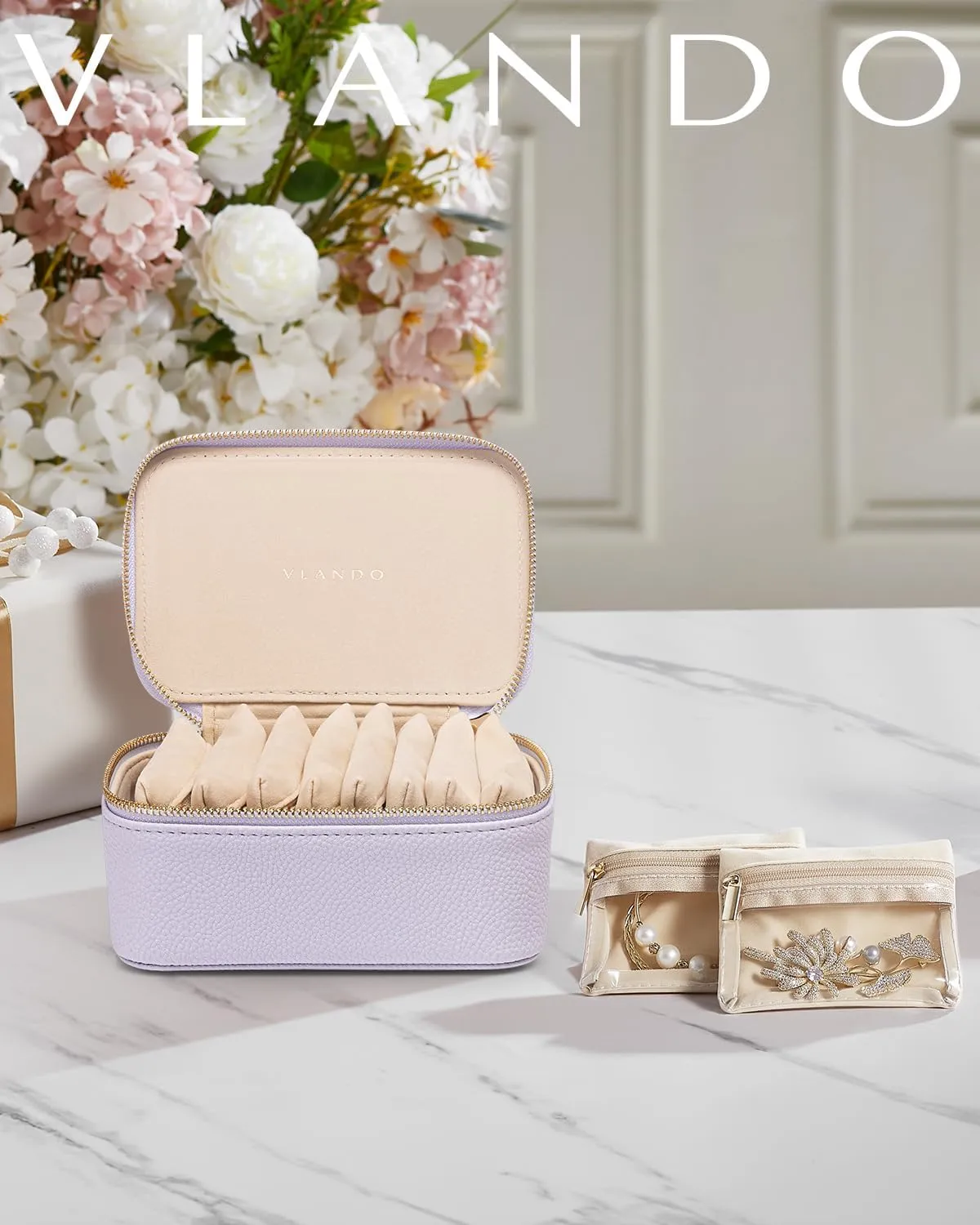 Vlando Travel Jewelry Case with 8 Velvet Jewelry Bags Travel Jewelry Storage Box Jewelry Organizer for Necklace Rings Earrings Teen Girls Gifts Trendy Stuff -Purple