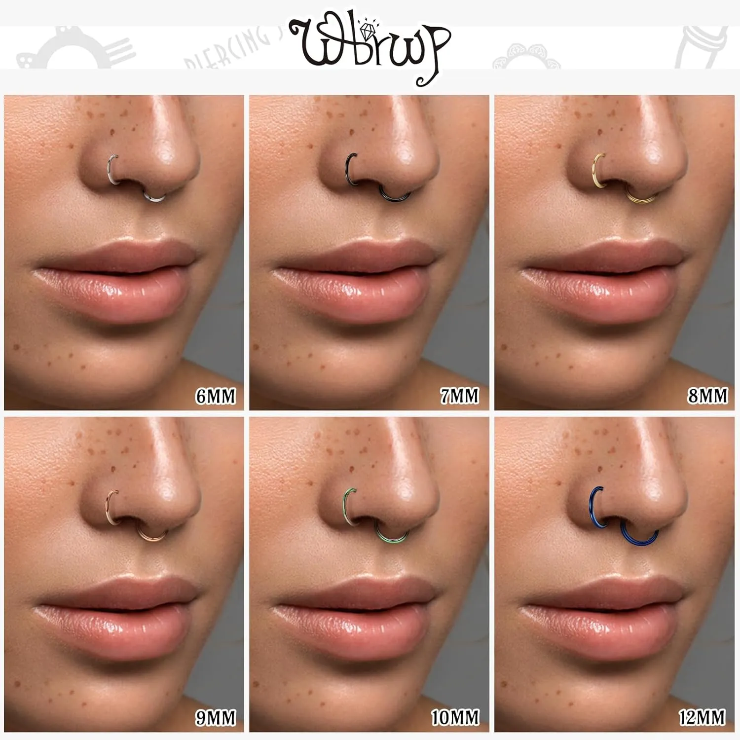 WBRWP 316L Stainless-Steel Hinged Nose Rings Hoop : 20G 18G 16G 14G Womens and Mens Body Pierecing Ring Segment Ring Lip Rings Nose Helix Cartilage Rook EarringsDiameter 6mm 8mm 10mm 12mm
