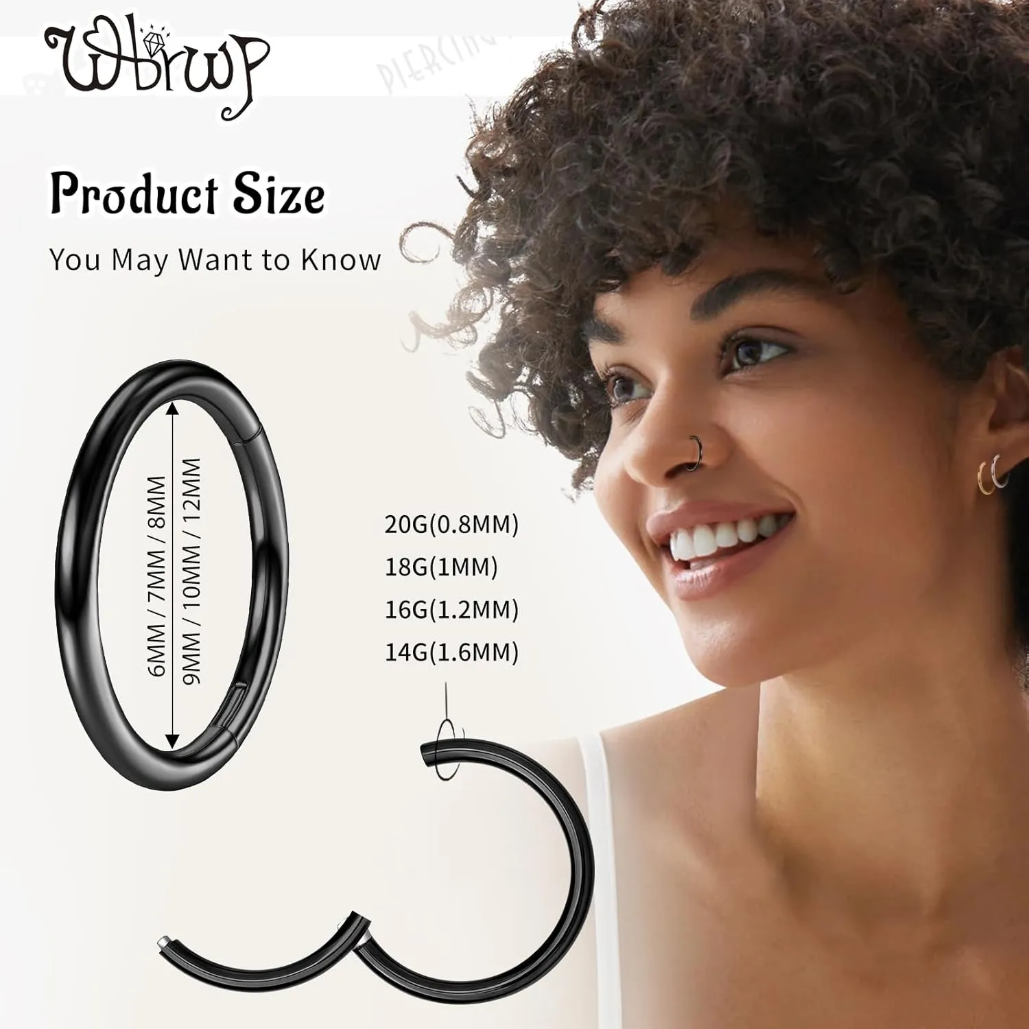 WBRWP 316L Stainless-Steel Hinged Nose Rings Hoop : 20G 18G 16G 14G Womens and Mens Body Pierecing Ring Segment Ring Lip Rings Nose Helix Cartilage Rook EarringsDiameter 6mm 8mm 10mm 12mm