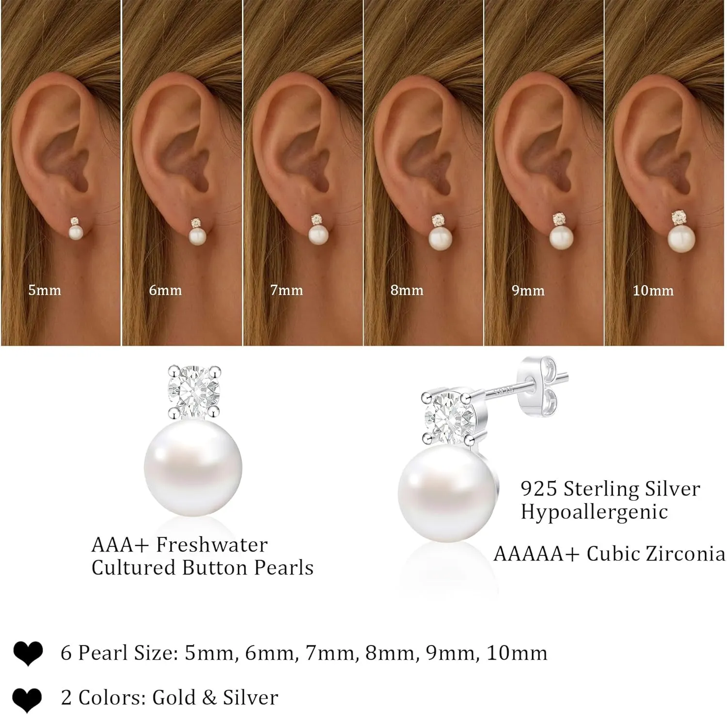 WFYOU Pearl Earrings for Women 925 Sterling Silver Earring 14K Gold Plated Pearls Stud Earrings for Women Trendy White 5 6 7 8 9 10MM Pearl CZ Diamond Hypoallergenic Earring Jewelry Gift