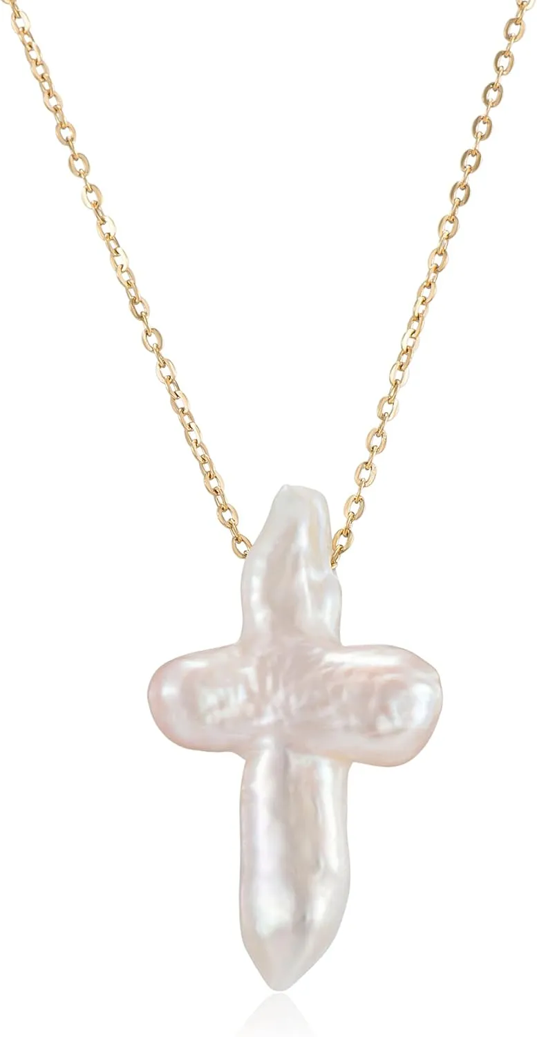 White Pearl Cross Necklace. Pearl Cross Necklace. Freshwater Pearl Cross Pendant. Everyday Minimalist Religious Jewelry