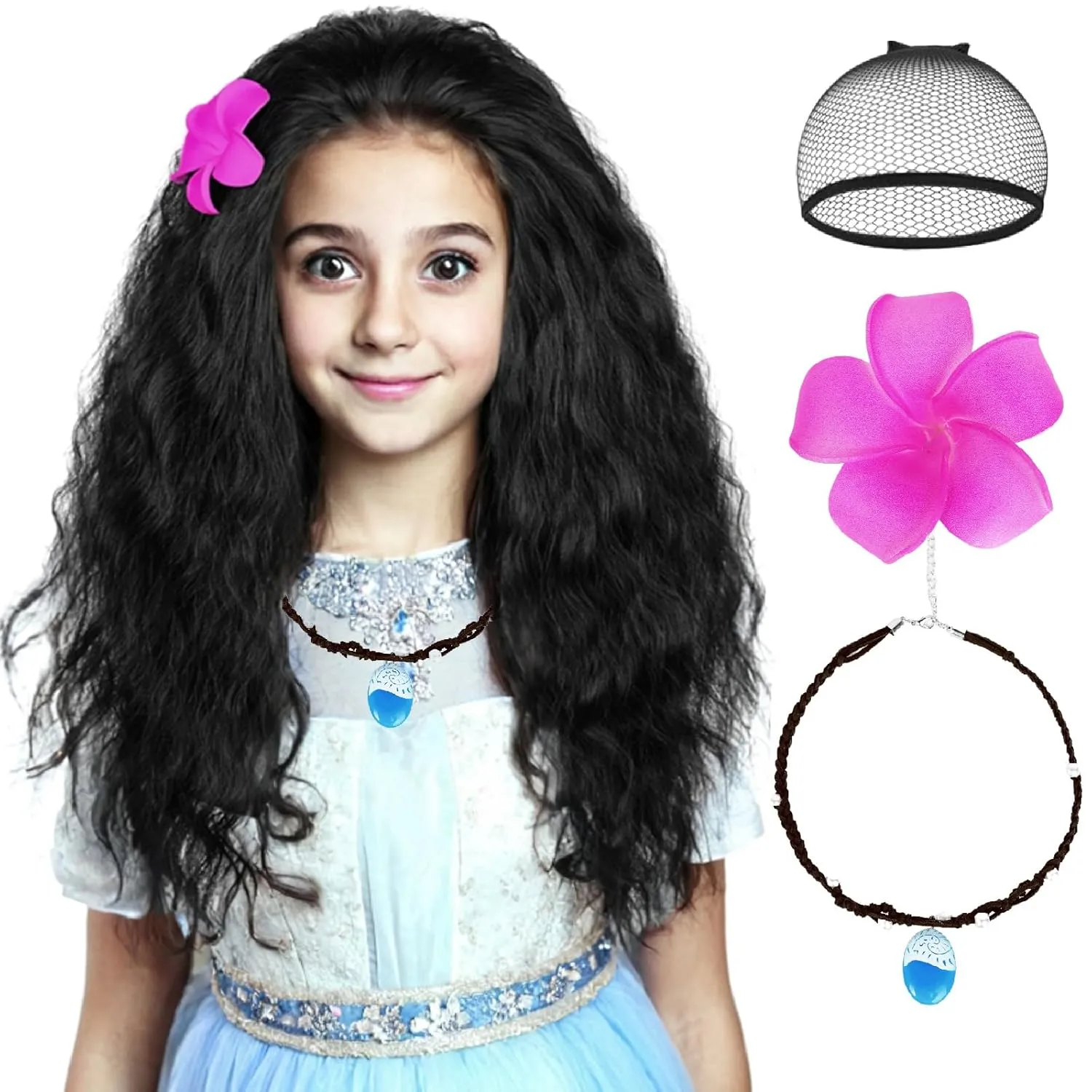 Wiggy Mermaid 50cm Long Black Curly Wig Frizzy Princess Wig with Necklace   Flower-clip for Kids Girls Toddlers Halloween Costume Cosplay