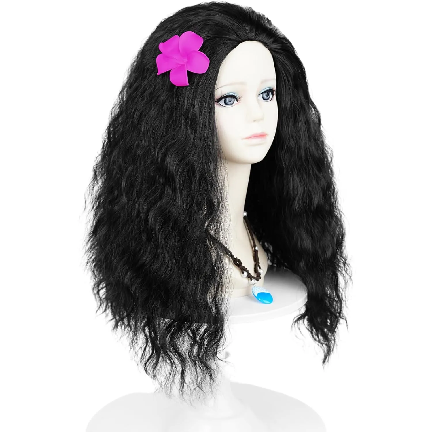 Wiggy Mermaid 50cm Long Black Curly Wig Frizzy Princess Wig with Necklace   Flower-clip for Kids Girls Toddlers Halloween Costume Cosplay