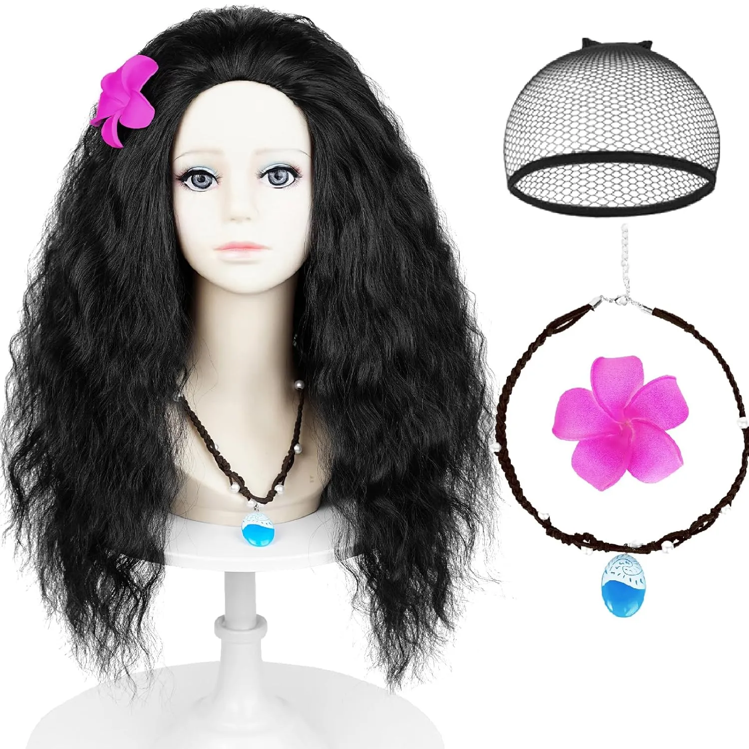 Wiggy Mermaid 50cm Long Black Curly Wig Frizzy Princess Wig with Necklace   Flower-clip for Kids Girls Toddlers Halloween Costume Cosplay