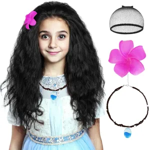 Wiggy Mermaid 50cm Long Black Curly Wig Frizzy Princess Wig with Necklace   Flower-clip for Kids Girls Toddlers Halloween Costume Cosplay
