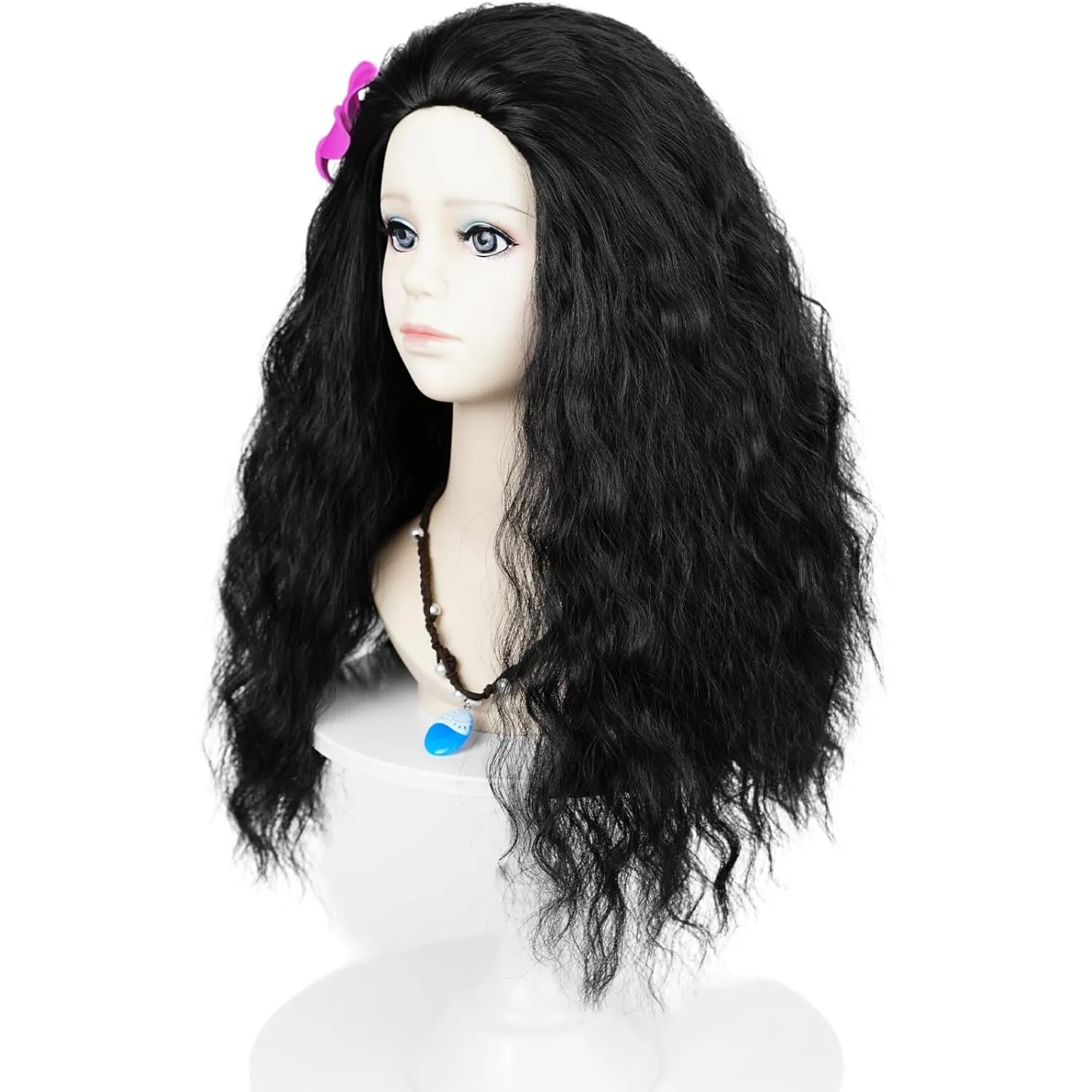 Wiggy Mermaid 50cm Long Black Curly Wig Frizzy Princess Wig with Necklace   Flower-clip for Kids Girls Toddlers Halloween Costume Cosplay