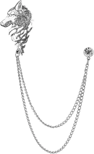 Wolf Head Pin with Double Hanging Chains,Punk Cool Animal Head Collar Coat Pin,Vintage Animal Head Coat Collar Lapel Pins for Men Suits Shirt Pin Jewelry Gift
