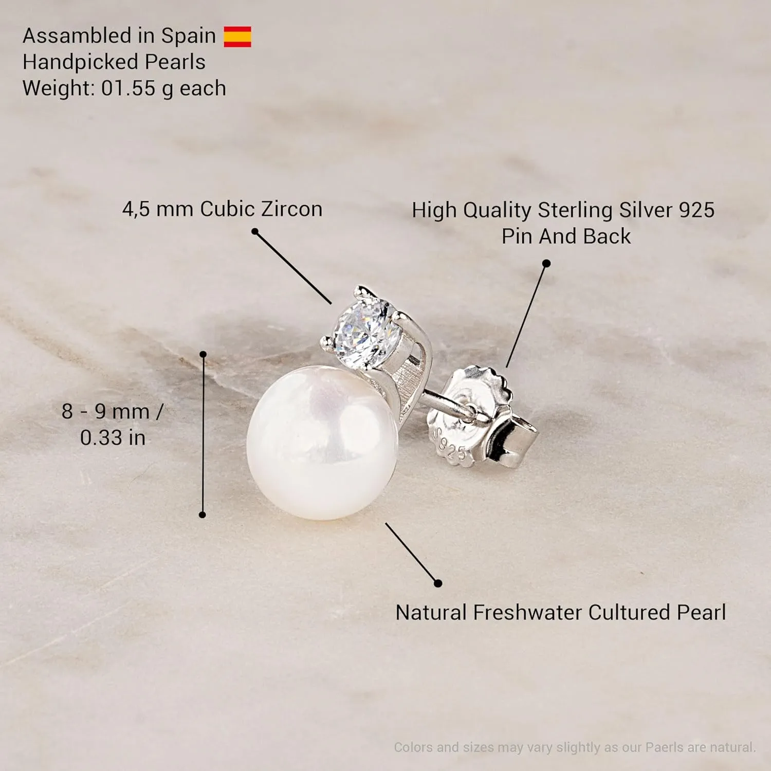 Women Pearl Stud Earrings, Fresh Water Cultured Pearls Button Shape with a Zirconia Stone Secret & You | Sterling Silver 925 Rhodium Plated with big backs or Omega.