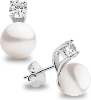 Women Pearl Stud Earrings, Fresh Water Cultured Pearls Button Shape with a Zirconia Stone Secret & You | Sterling Silver 925 Rhodium Plated with big backs or Omega.