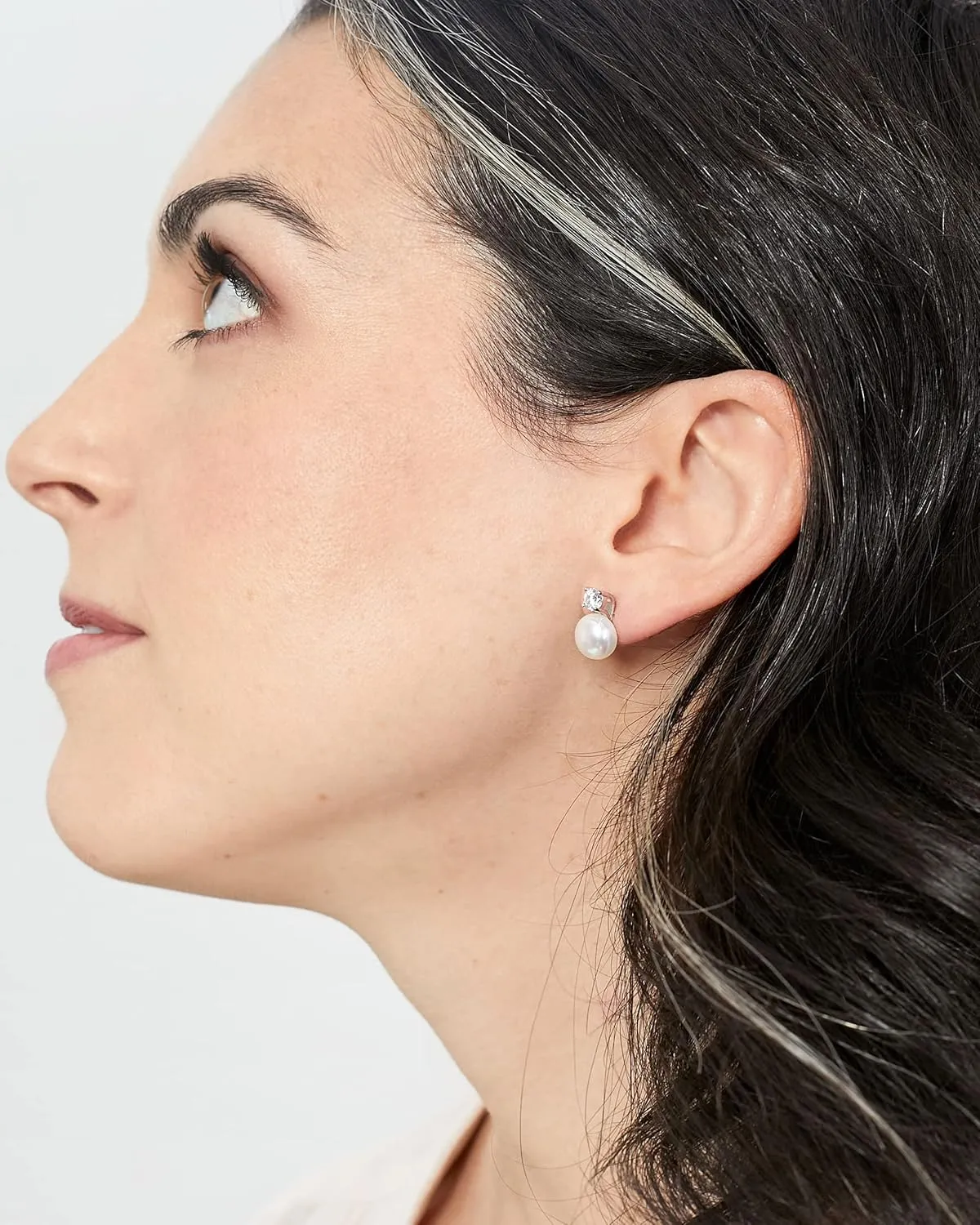 Women Pearl Stud Earrings, Fresh Water Cultured Pearls Button Shape with a Zirconia Stone Secret & You | Sterling Silver 925 Rhodium Plated with big backs or Omega.