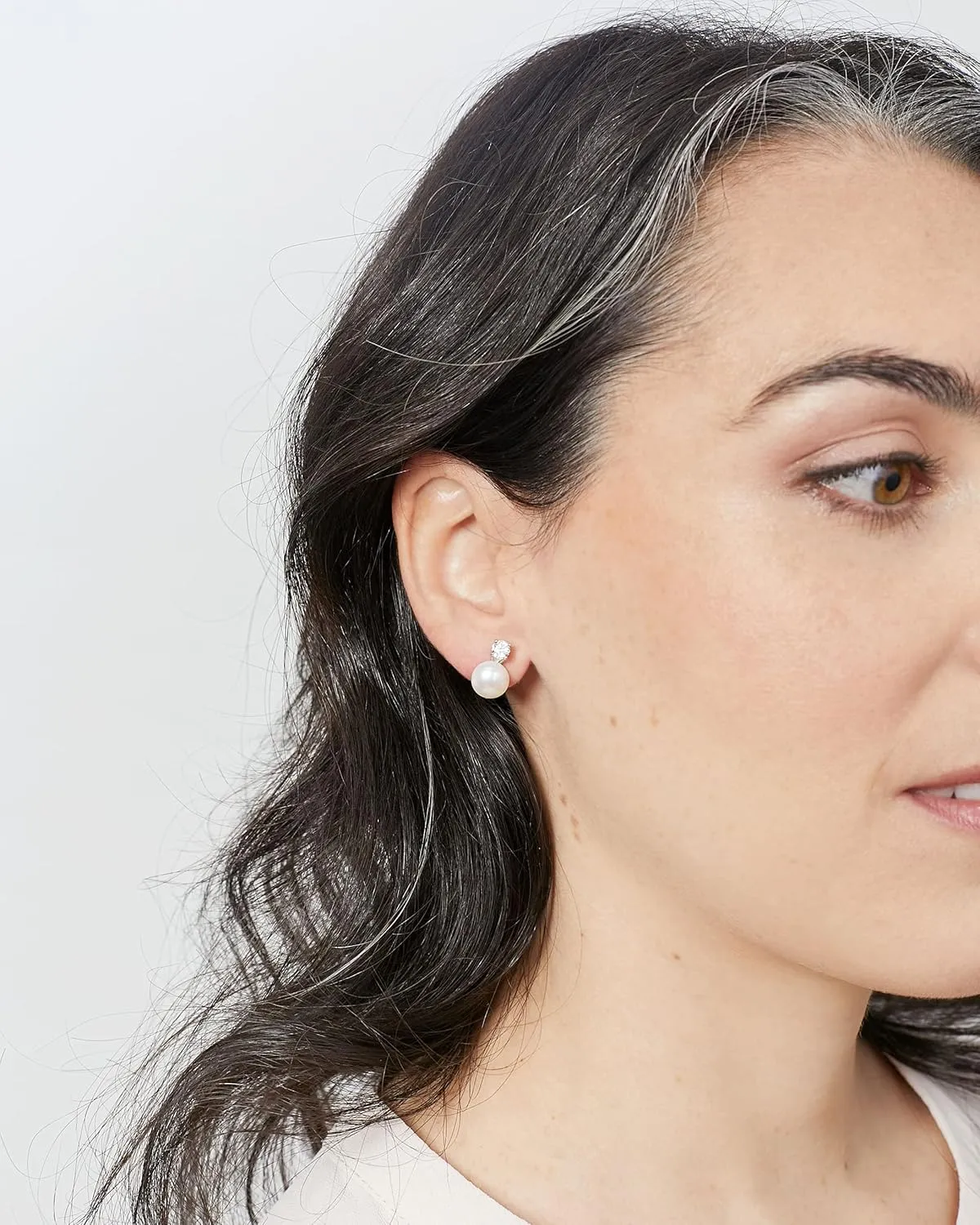 Women Pearl Stud Earrings, Fresh Water Cultured Pearls Button Shape with a Zirconia Stone Secret & You | Sterling Silver 925 Rhodium Plated with big backs or Omega.