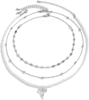 Womens Aesthetic 3-Piece Silver Layered Pearl Necklace Set  Silver Star Choker, Dainty Chain, Balletcore Bow Pendant, Y2K Coquette Jewelry