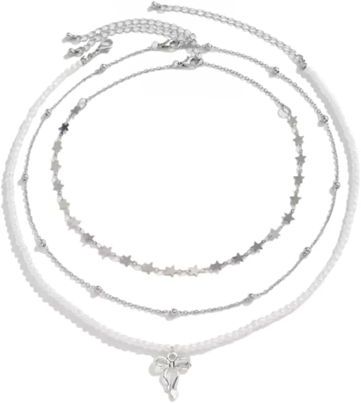 Womens Aesthetic 3-Piece Silver Layered Pearl Necklace Set  Silver Star Choker, Dainty Chain, Balletcore Bow Pendant, Y2K Coquette Jewelry
