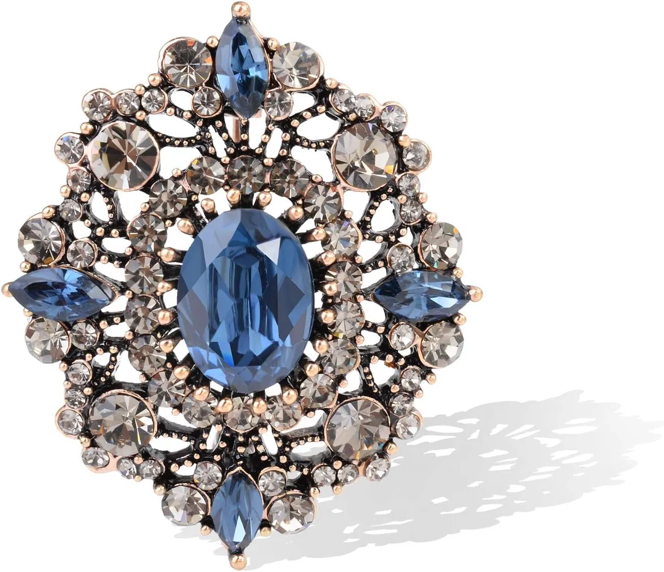 Women's Antique Classic Geometric Oval Shaped Hollowed Out Crystal Flower Filigree Brooch Pin Banquet Wedding Jewelry