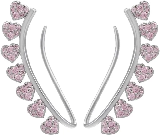 Women's Gold Tone Pink Crystal Heart Ear Cuffs, Climber Style No Piercing Clip-On Earrings - Silver Pink