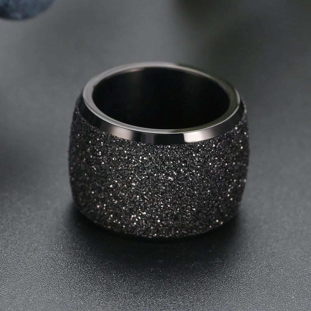 Women's Stainless Steel Ring Shiny Sequins Pave Sandblast Wide Wedding Band Silver, Rose, Gold, Black