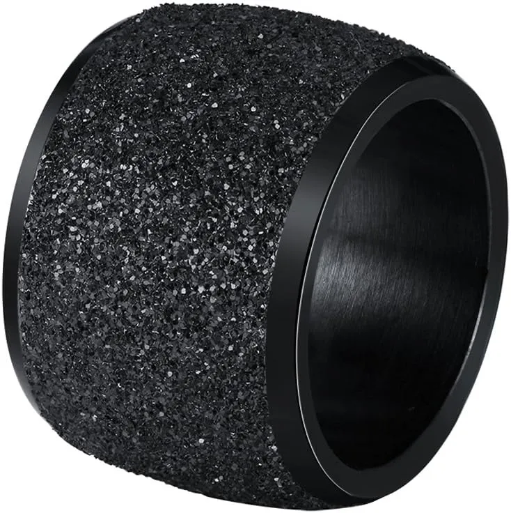 Women's Stainless Steel Ring Shiny Sequins Pave Sandblast Wide Wedding Band Silver, Rose, Gold, Black