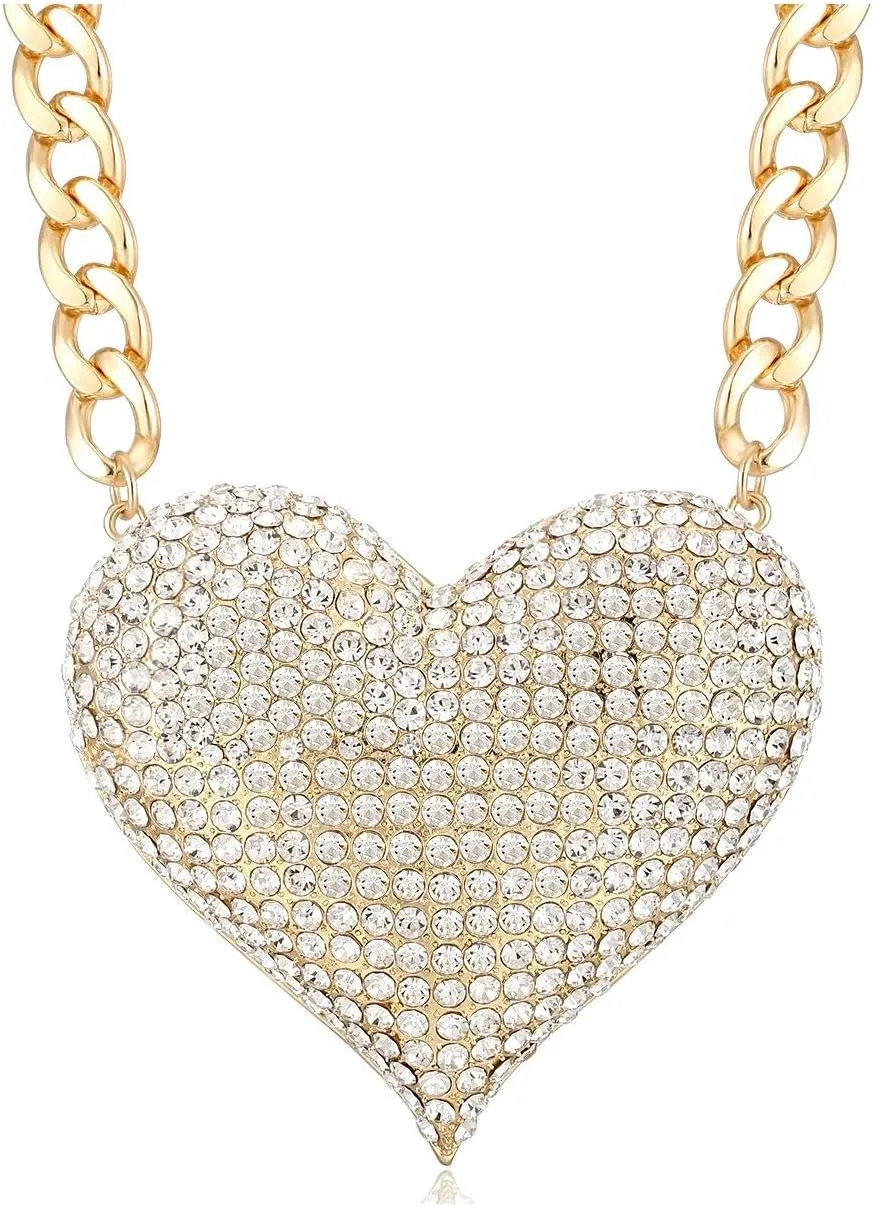 Women's Statement Sparkly Heart Necklace Shiny Rhinestone Chunky Chain Necklace Punk Rock Style Costume Jewelry