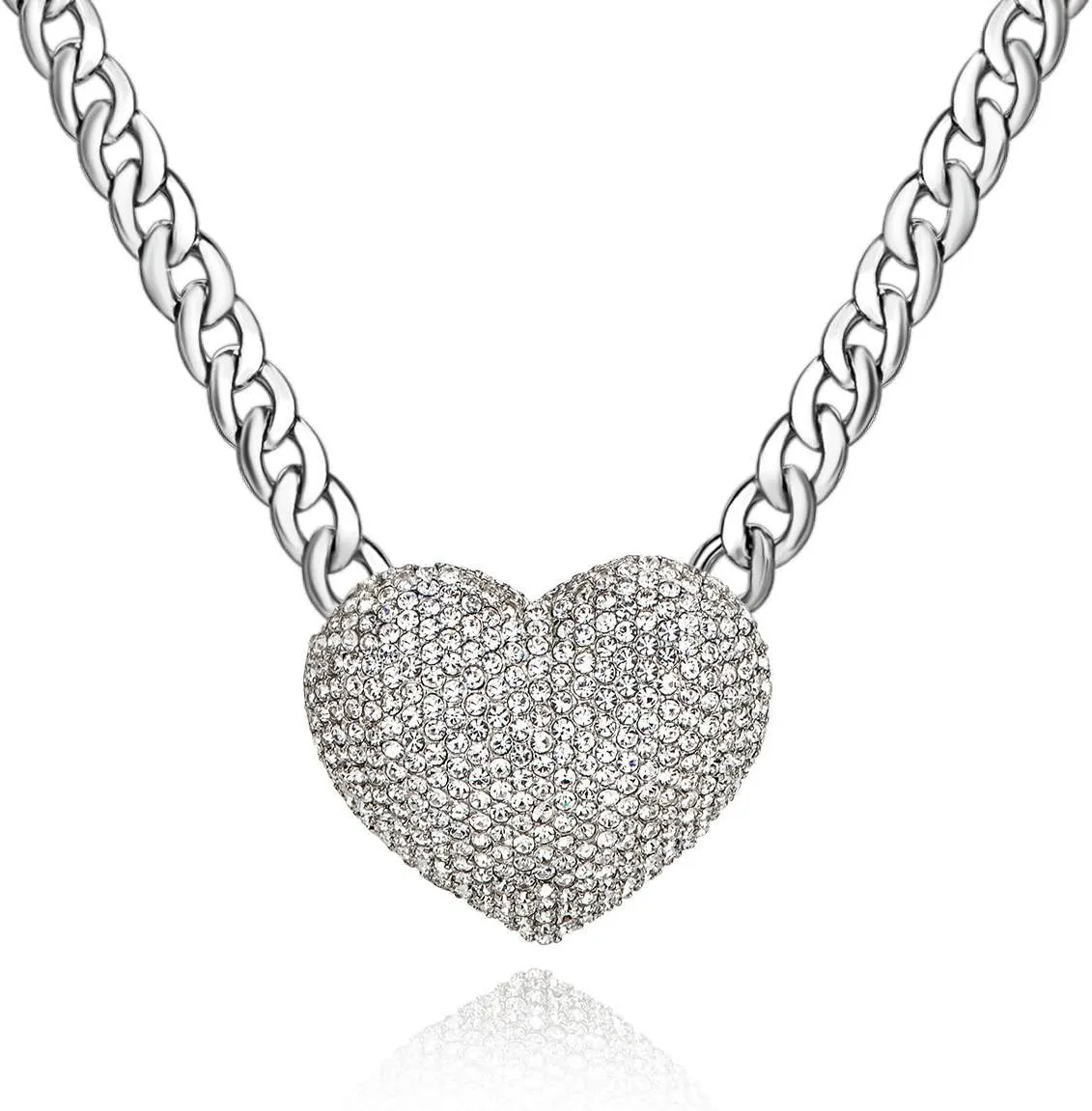 Women's Statement Sparkly Heart Necklace Shiny Rhinestone Chunky Chain Necklace Punk Rock Style Costume Jewelry
