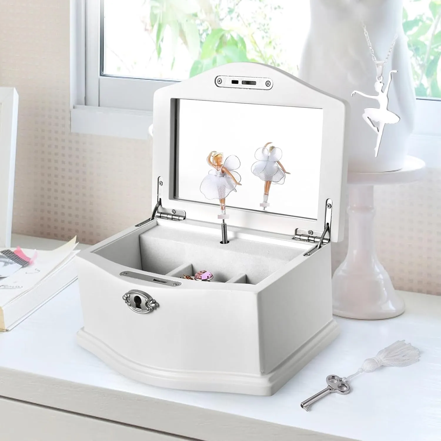 Wooden Ballerina Medium White Musical Jewelry Box with Mirror and Lock for girlsKid's Jewelry Storage Music Box,Gifts for Christmas,Birthday and all Holidays