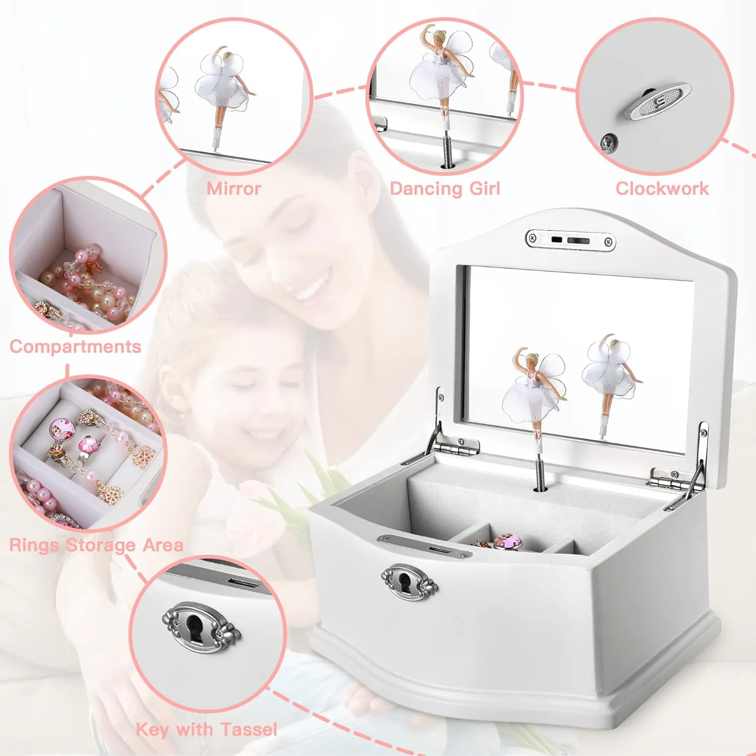 Wooden Ballerina Medium White Musical Jewelry Box with Mirror and Lock for girlsKid's Jewelry Storage Music Box,Gifts for Christmas,Birthday and all Holidays