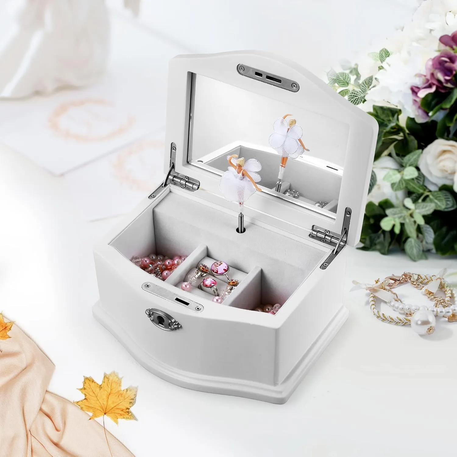 Wooden Ballerina Medium White Musical Jewelry Box with Mirror and Lock for girlsKid's Jewelry Storage Music Box,Gifts for Christmas,Birthday and all Holidays