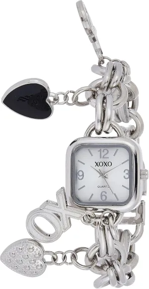 XOXO Womens Charm Bracelet Watch with XO and Heart Charms, Quartz Analog Display, Polished Silver-Tone Finish, Jewelry Clasp Closure, Box Included, Fits Wrists 5.5"8.5"