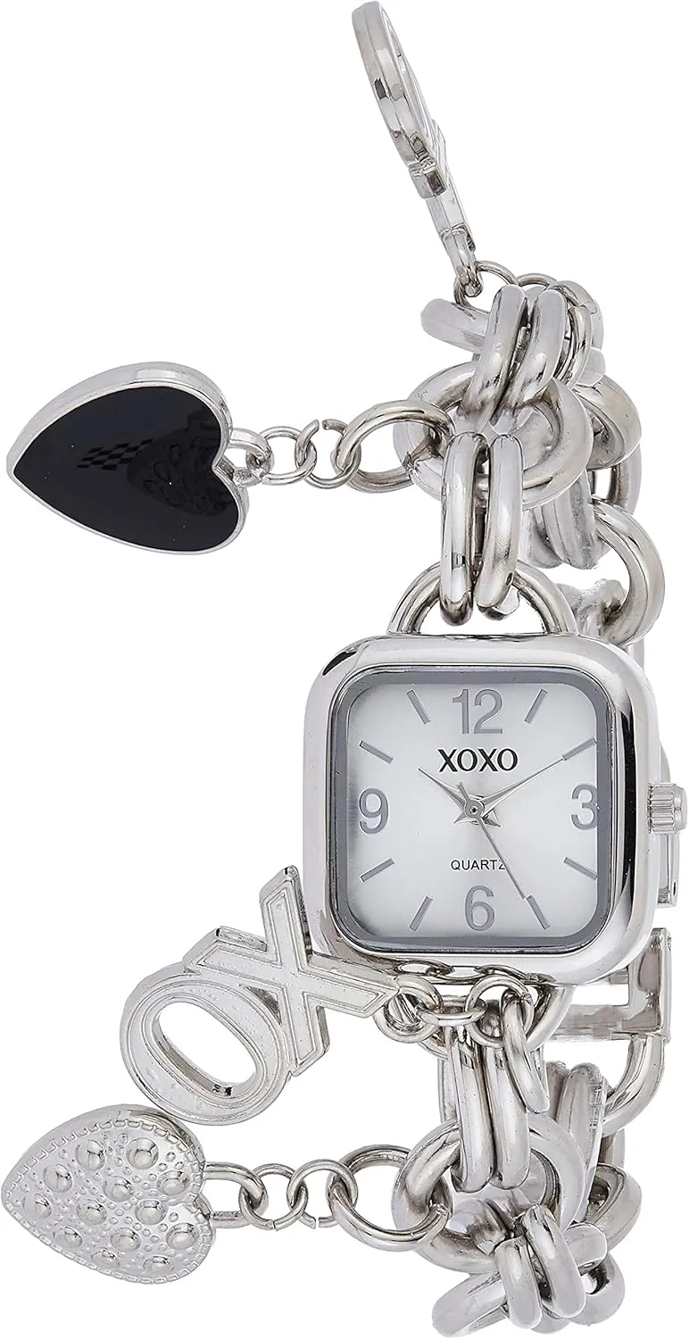 XOXO Womens Charm Bracelet Watch with XO and Heart Charms, Quartz Analog Display, Polished Silver-Tone Finish, Jewelry Clasp Closure, Box Included, Fits Wrists 5.5"8.5"