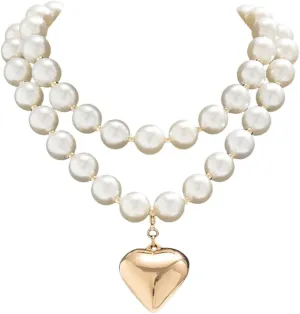 Y2k Beaded Chain Link Necklace Puffy Heart Charm,Layered Fake Pearl Beads Necklace Heart-shaped Pendant Chunky Chain Necklace Vintage Statement Fashion Jewelry for Women