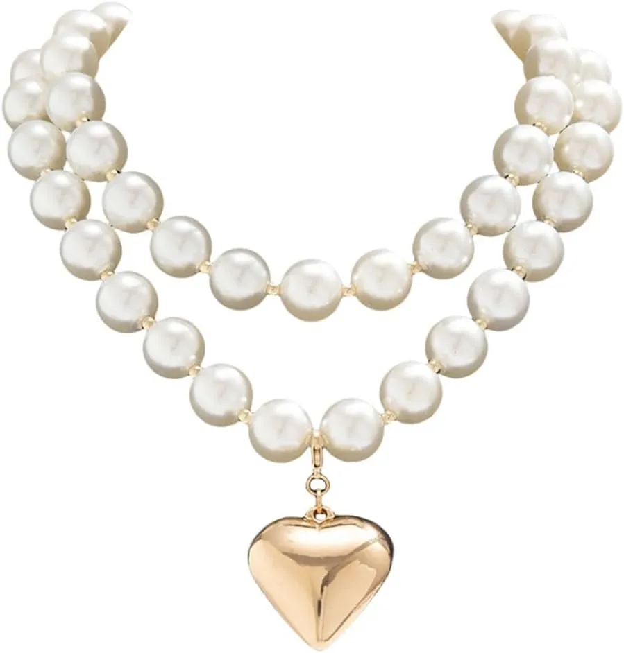 Y2k Beaded Chain Link Necklace Puffy Heart Charm,Layered Fake Pearl Beads Necklace Heart-shaped Pendant Chunky Chain Necklace Vintage Statement Fashion Jewelry for Women
