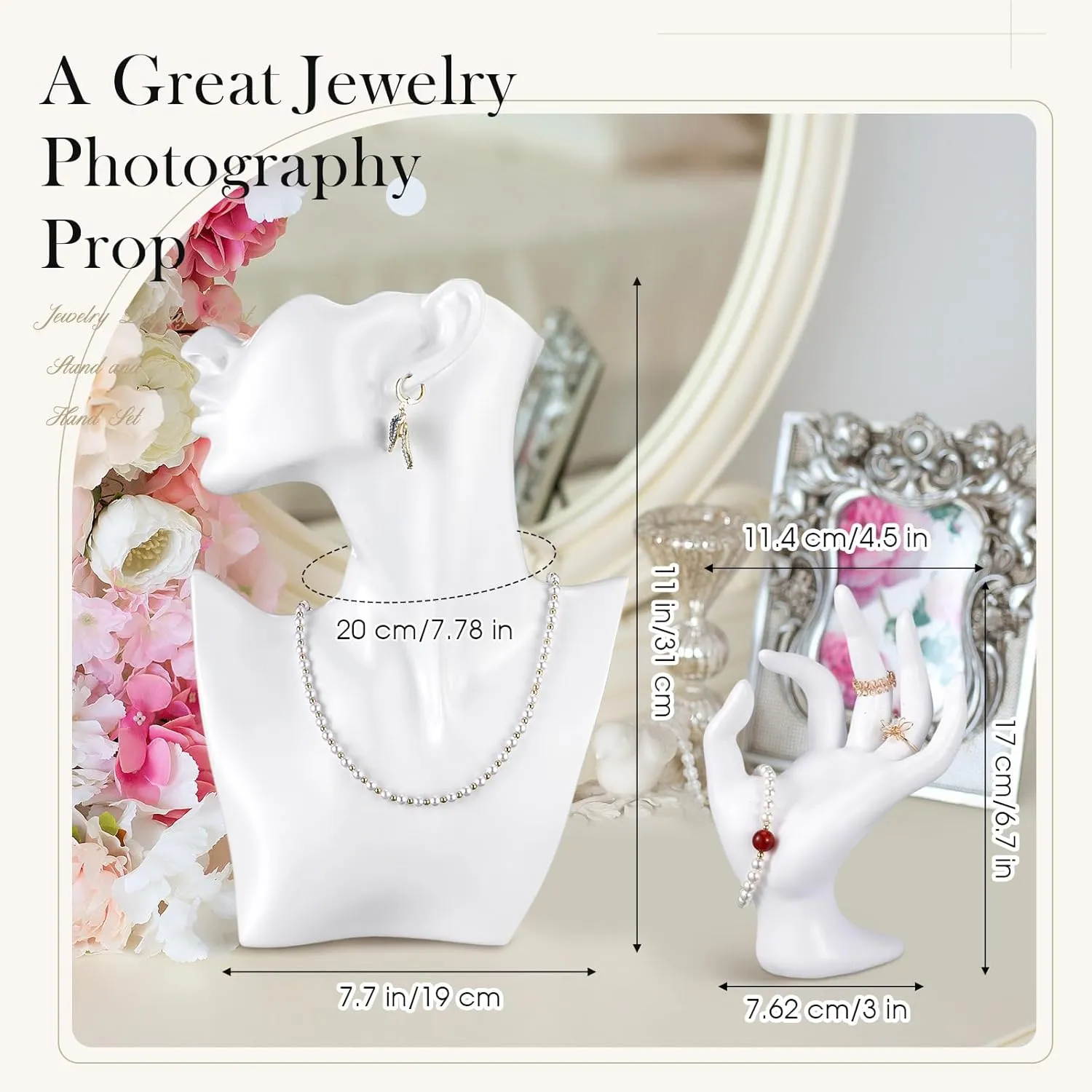 Yalikop 2 Pcs Resin Jewelry Mannequin Display Set Including Boutique Bust Holder and Hand Ring Holder Necklace Stand Display Earring Holder Organizer for Bracelets Pendant Shows Selling (White)