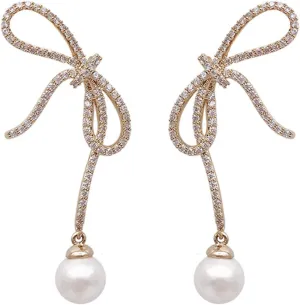 YAZILIND Shiny Rhinestone Bow Imitation Pearl Drop Earrings Personality Earrings Female Ear Jewelry Anniversary