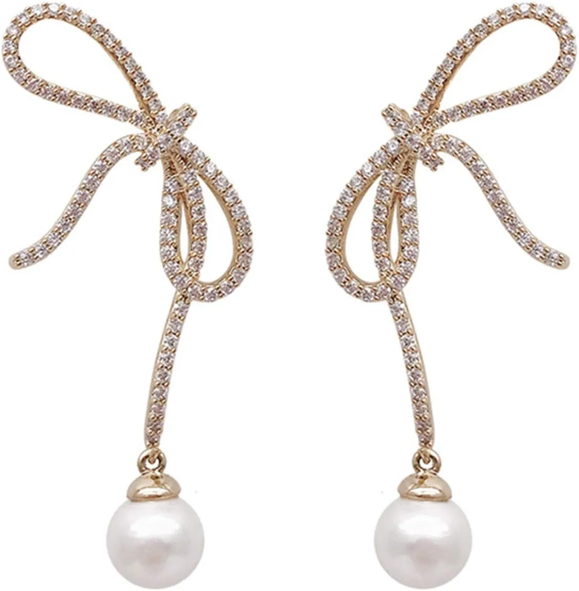 YAZILIND Shiny Rhinestone Bow Imitation Pearl Drop Earrings Personality Earrings Female Ear Jewelry Anniversary