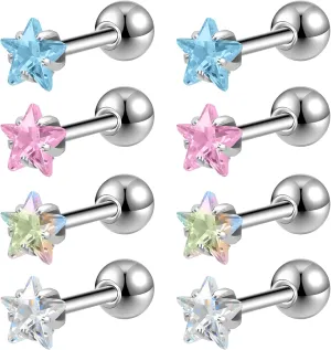 ZS 4 Pairs Shiny Cubic Zirconia Cartilage Earrings 16G Surgical Steel Stud Earrings Tragus Helix Conch Ear Piercing Sets