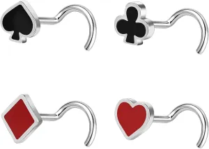 ZS 4Pcs Stainless Steel Corkscrew Nose Rings, 20G Poker Nose Rings Studs l Shaped, Lucky Nose Screw Bone Nostril Nose Piercing Jewelry Card Game Jewelry for Women Men
